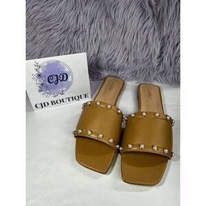 VAILA Shoes Women's Dana Embellished Slip On Slide Flat Sandals - Sand 14M